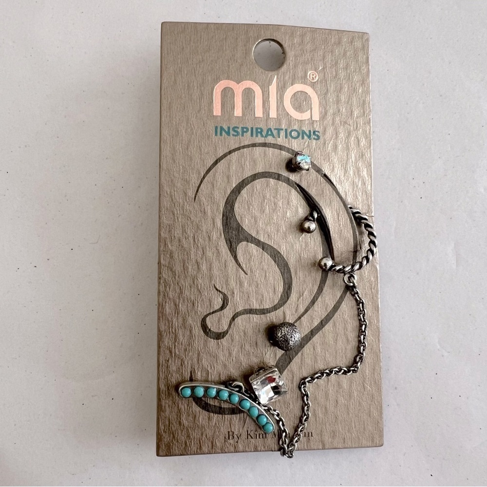 5 piece earring and ear cuff chain set silver and turquoise colored